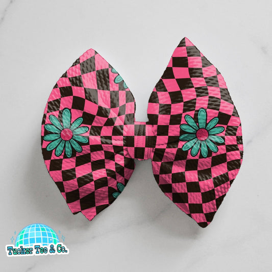 Checkered Teal Flowers Bow